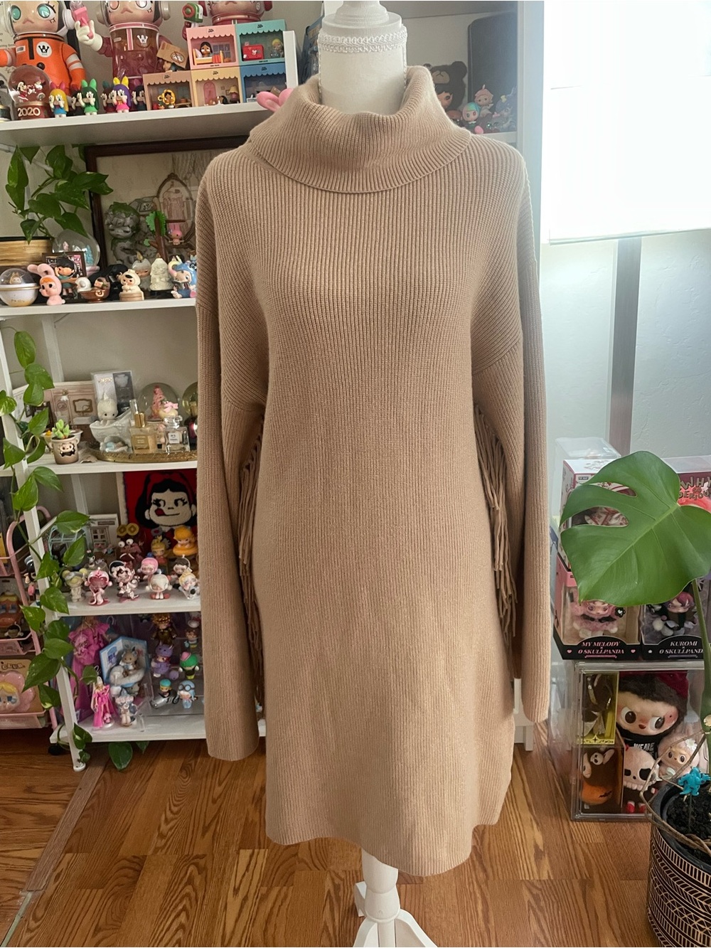 Crescent Beige Fringe Turtleneck Sweater Dress Size M